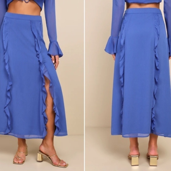 LULU's Boho Bohemian Flowy Romantic Ruffle Chiffon Blue Maxi Skirt NWT - Picture 5 of 5